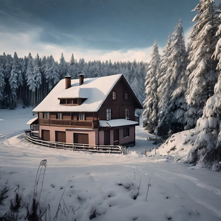 Beautiful winter landscape with a wooden house in the snowy forest.の素材
