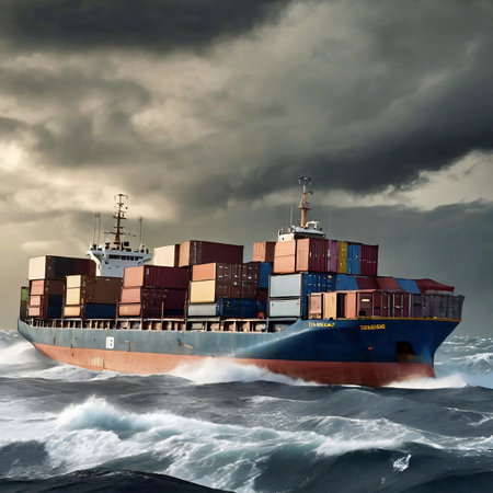 Large container ship sailing in stormy ocean. 3D illustration.の素材