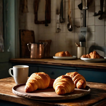 Breakfast with coffee and croissants in a rustic kitchenの素材