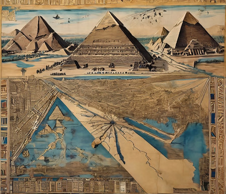 Egyptian hieroglyphs and pyramids in Cairo, Egyptの素材