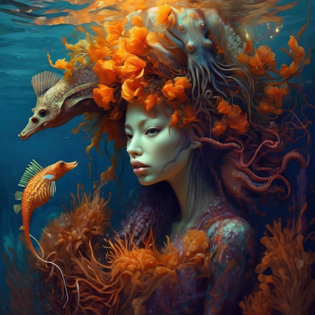 Ethereal underwater portrait of a red hair woman with vibrant orange flowers reef and fishes. Fantastic, poetic underwater portrait, floating in ocean.の素材