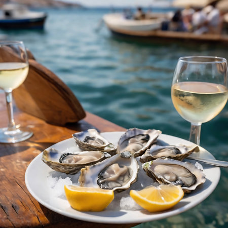 Fresh Oysters on white plate with lemon and two glasses of white wine on blurred seascape background in seaside restaurant.の素材