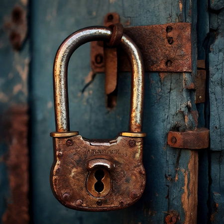 Old rusty padlock on a blue wooden door. Shallow depth of fieldの素材