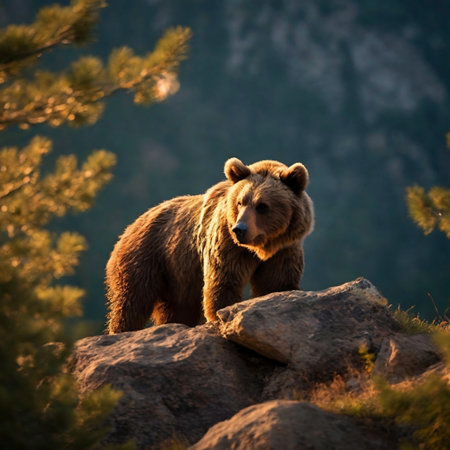 Brown bear on a rock in the forest at sunset. natural backgroundの素材