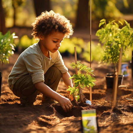 Little boy planting seedlings in the garden. Earth day concept.の素材