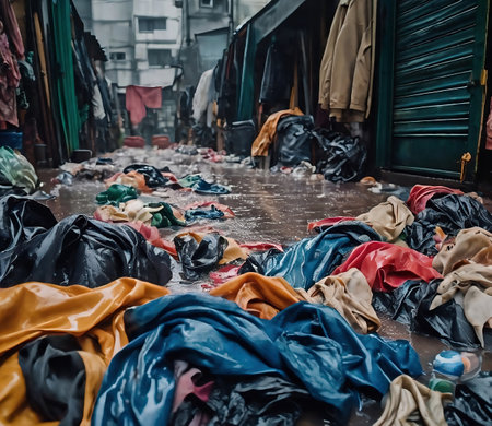 Pile of dirty clothes on the street after heavy rain. selective focusの素材