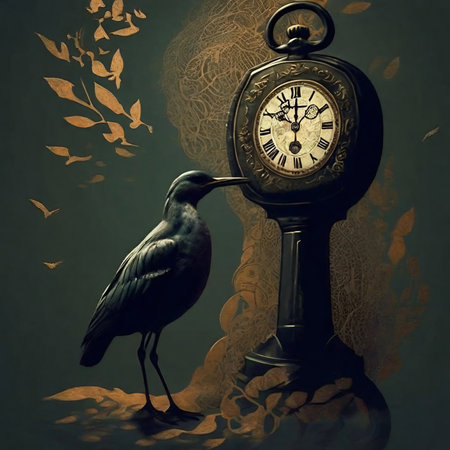 Vintage clock with a bird on a dark background. Retro style.の素材