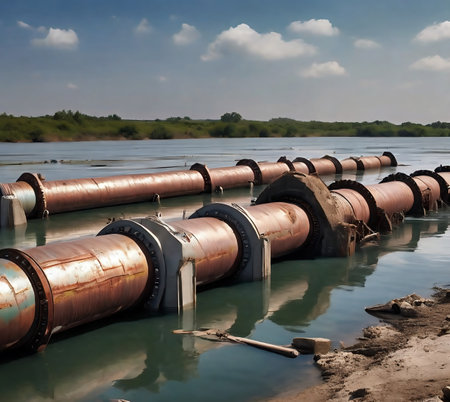 Industrial landscape with old rusty pipes on the river bank and blue skyの素材