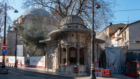 Istanbul, Turkey, Jan 23, 2024 Hamidiye Fountain and Sebil; A pavilion on a street corner next to Zeynep Sultan Mosque in Sultanahmet district of Istanbulの写真素材