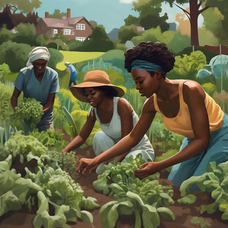 African american people working in the garden. Digital painting illustration.の素材