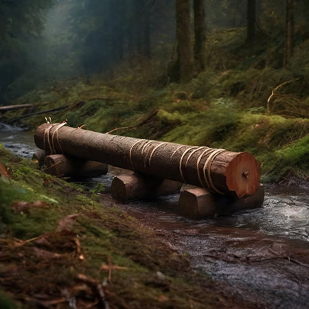 Wooden raft on a mountain river in a foggy forest.の素材