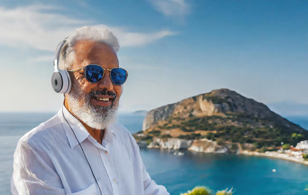 Senior man listening to music with headphones on the background of the Aegean seaの素材