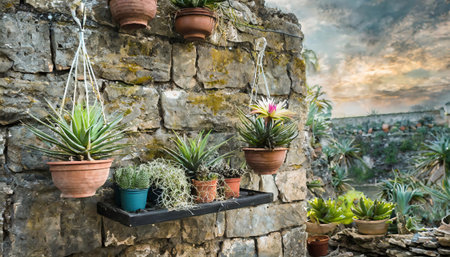 Cactus and succulent plants in pots on old stone wall.の素材
