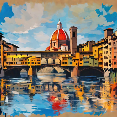 Surreal painting of Ponte Vecchio over the Arno river in Florence, Italy.の素材