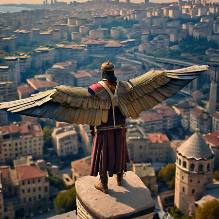 The first man flying over Istanbul Bosphorus on the top of the buildingの素材