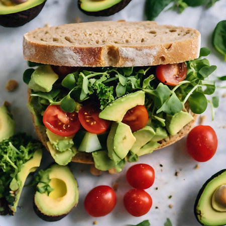 Healthy sandwich with avocado, cherry tomatoes and arugula.の素材