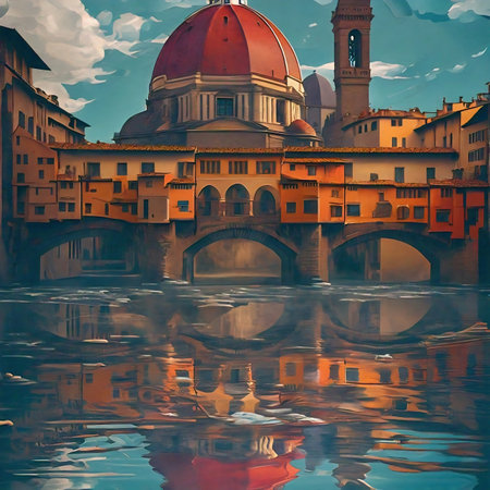 Dreamlike painting of Ponte Vecchio over the Arno river with red dome in Florence, Italy.の素材