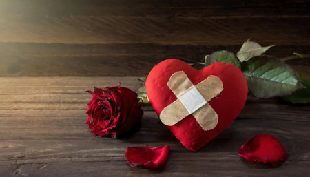 red rose and heart with plaster on wooden background, valentine day conceptの素材
