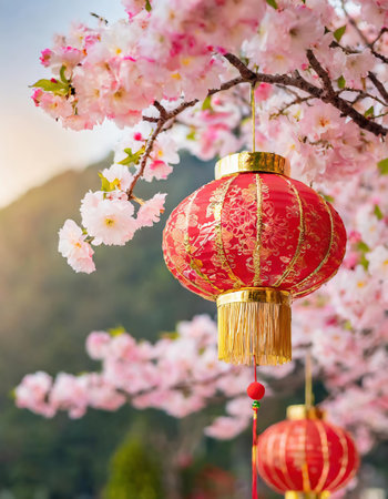 Chinese lanterns and cherry blossom in spring, close up.の素材