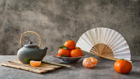 Ripe tangerines and teapot on gray textured tableの素材