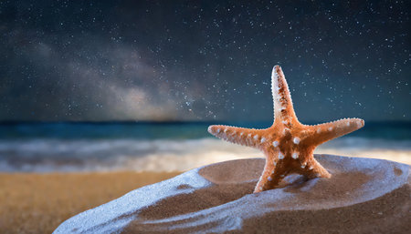 Starfish on the sand against the background of the night starry skyの素材