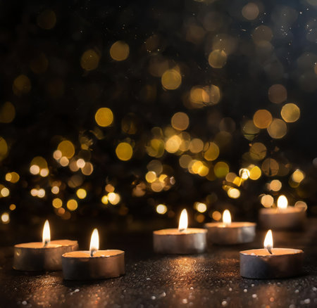 Burning candles on dark background with bokeh. christmas backgroundの素材