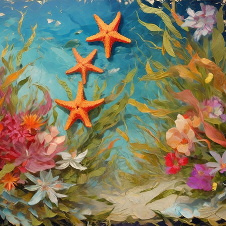 Oil painting of starfish and flowers in the sea. hand drawn illustrationの素材
