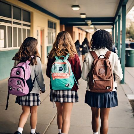 Back view of schoolgirls with backpacks walking in corridor of school. back to school conceptの素材