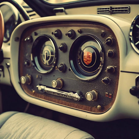 Vintage car interior. Steering wheel, dashboard and dashboard.の素材