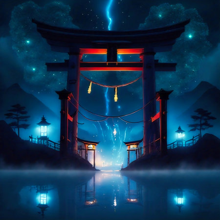 Illustration of a Japanese temple in the middle of the night.の素材