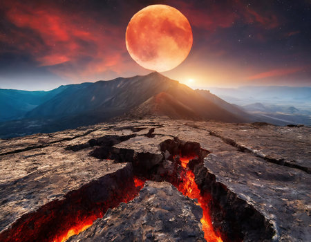 fantasy Volcanic eruption in the crater with full red sun on cloudy misty skyの素材