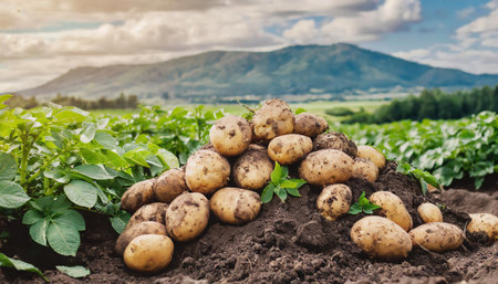 Potatoes on the field. Harvesting potatoes on a farm.の素材