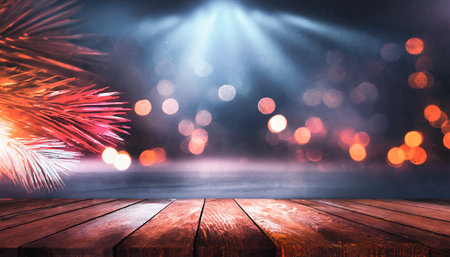 Wooden table and bokeh lights background. Ready for product display montageの素材