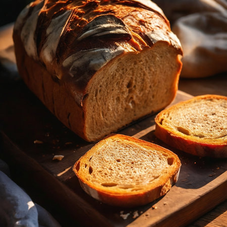 Freshly baked bread on a wooden board. Rustic style.の素材