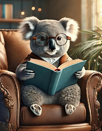 Cute koala in glasses reading book on armchair at homeの素材