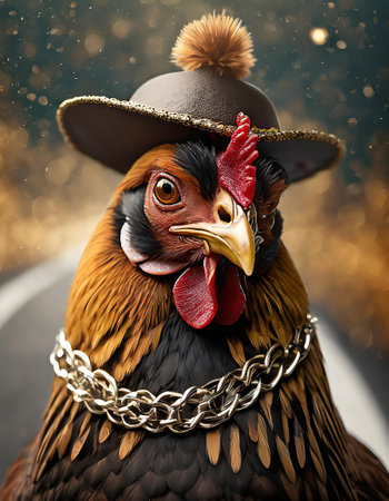 chicken in a hat with a chain around his neck posing on a dark bokeh backgroundの素材