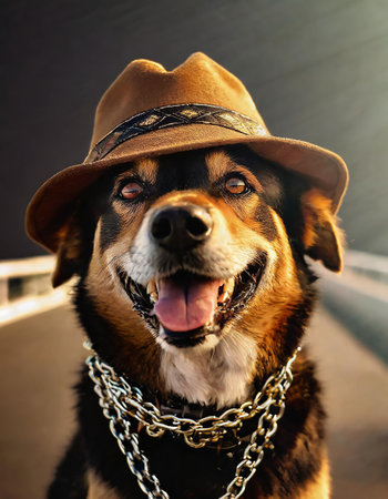 Portrait of a smiling dog in a cowboy's hat on a black backgroundの素材