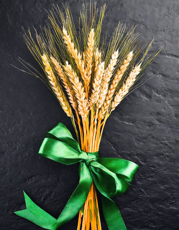 Ears of wheat tied with a green ribbon on a dark backgroundの素材