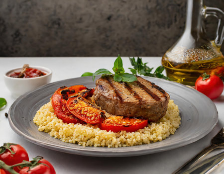 Grilled meat with couscous and vegetables on a gray plateの素材