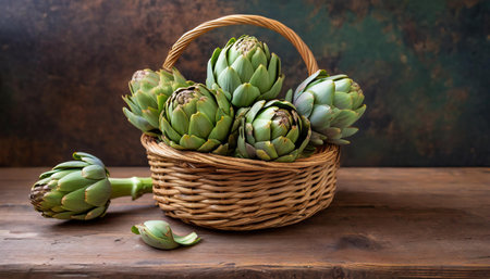 Fresh artichokes in a basket on a wooden table with copy spaceの素材
