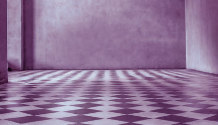 old grunge room with tile floor and purple wall - abstract backgroundの素材