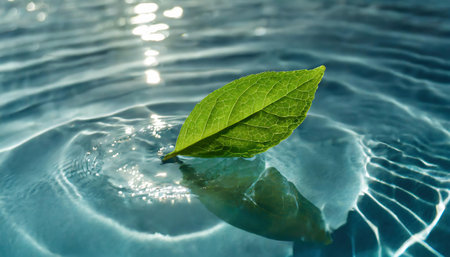 Green leaf floating on the surface of the water in the pool.の素材