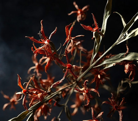 Dry red orchid flowers on black background. Selective focus.の素材