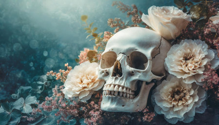 Skull and flowers background with space for text. Halloween concept.の素材