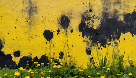 Grunge wall background with yellow and black paint and flowers.の素材