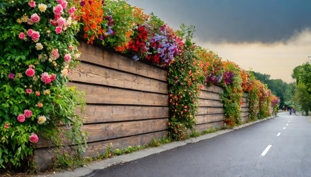 Wooden fence with colorful flowers in the park. summer landscapeの素材