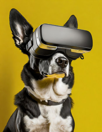 Funny dog with virtual reality headset on yellow background. Studio shot.の素材