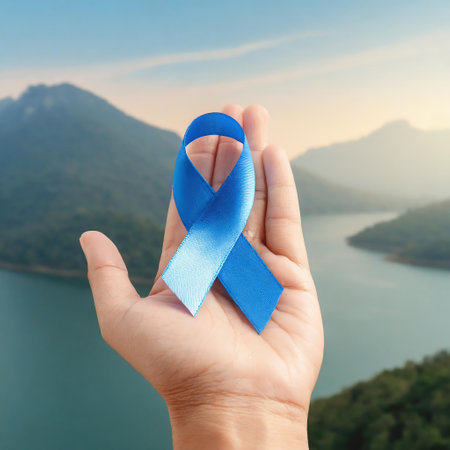 healthcare and medicine concept - close up of male hand holding blue ribbon with mountain backgroundの素材