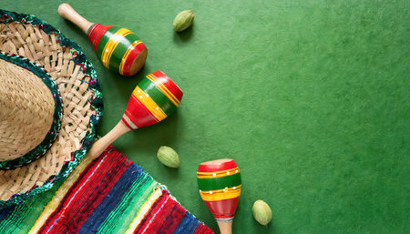 Mexican sombrero and maracas on a green background.の素材