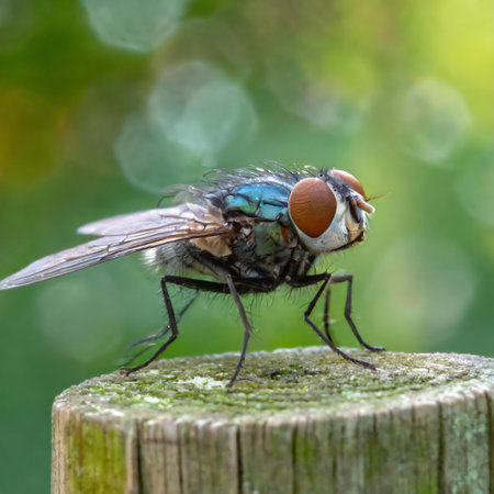 A macro shot of a fly sitting on a wooden post with a blurred background.の素材